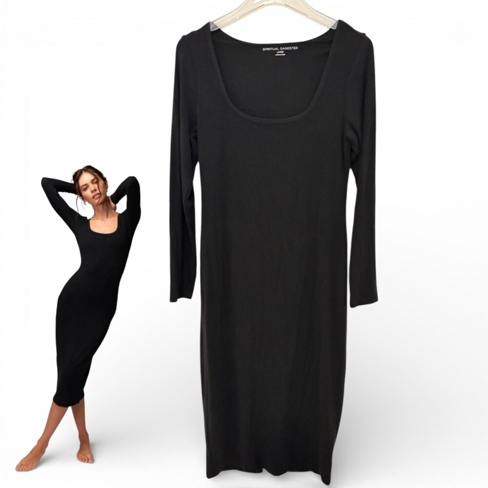 Spiritual Gangster Black Ribbed Long Sleeve Midi Dress Bodycon Minimalist Stretc
